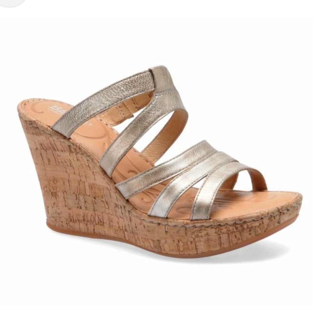 NIB BORN LISI Metallic Leather Cork Wedge Heel Sandals Comfort Footbed Size 10